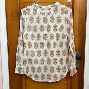 J. Crew White Tan Filigree Print Long Sleeve Blouse Women’s Extra Small